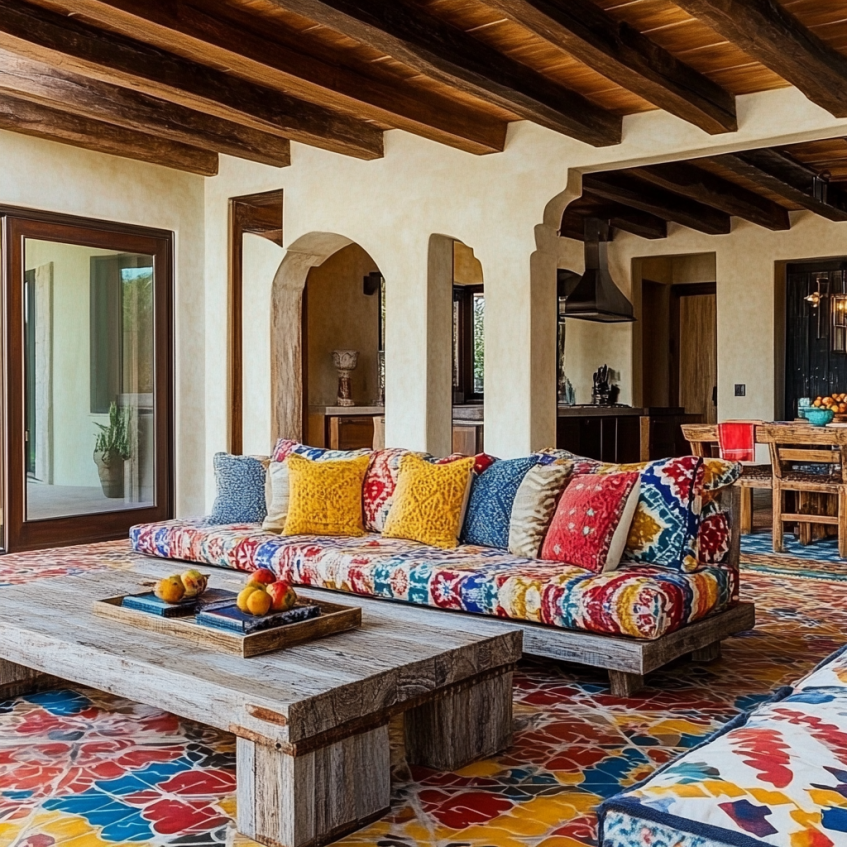 Rustic luxury living room with colorful patterned Mexican sofa and bold tiled floors