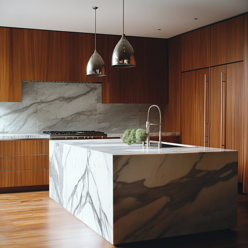 Luxury kitchen with a marble island, solid wood cabinets, and stainless steel appliances for a modern aesthetic.