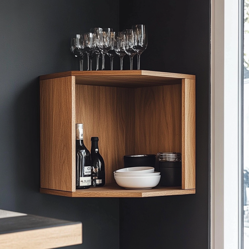 Wall-mounted floating wood corner cabinet with glasses and wine bottles on a black accent wall