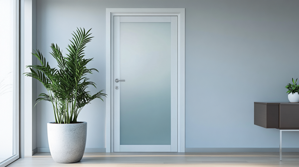 A minimalist frosted door seamlessly integrates into modern home decor, offering privacy and a clean aesthetic.