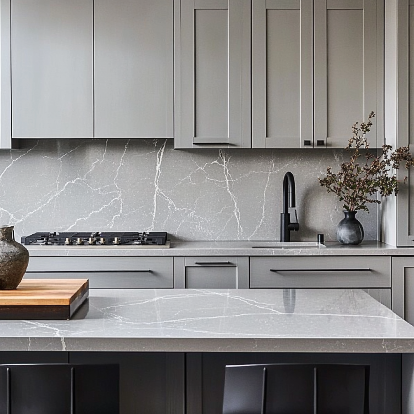 Modern gray kitchen with gray quartz countertops and subtle white veining backsplash