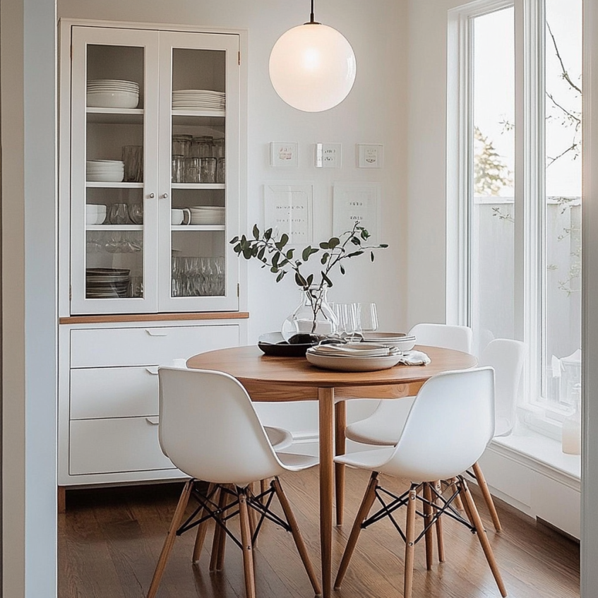 White corner cabinet with glass doors and drawers placed in a minimalist dining room for stylish storage