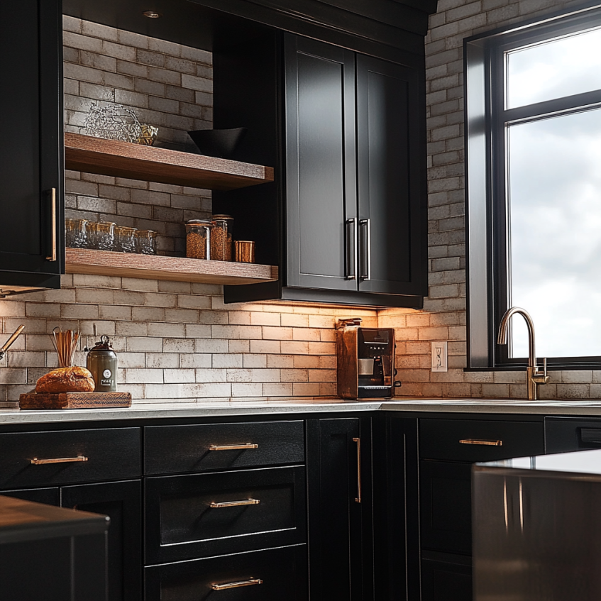 Black RTA kitchen cabinets with wooden open shelving, subway tile backsplash, and stylish countertop details.