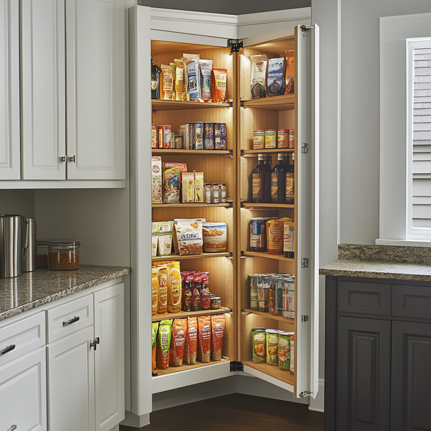 Tall corner pantry cabinet with built-in lighting and organized shelves stocked with snacks and dry goods