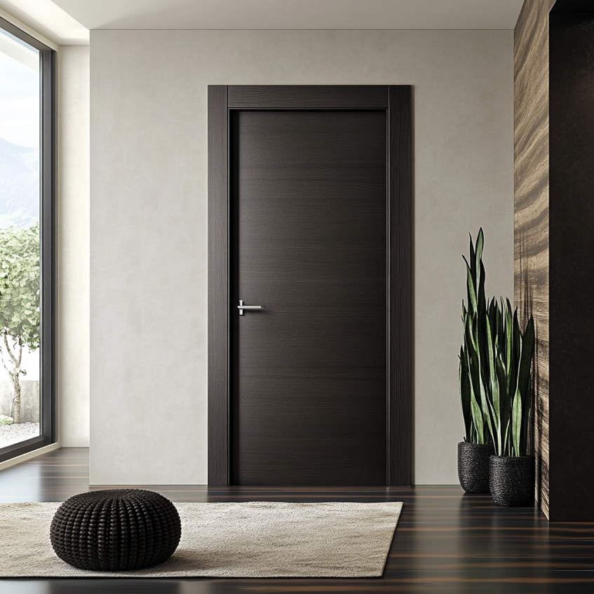 Modern dark wood interior door with sleek handle in contemporary interior design.