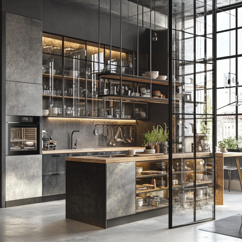Industrial-style luxury kitchen with glass cabinets, open shelves, and concrete finish cabinetry.