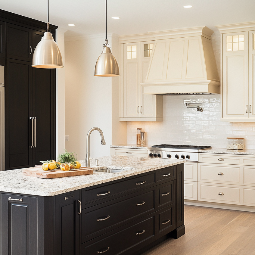 Elegant kitchen with contrasting dark and light cabinetry, granite countertops, and modern pendant lighting. Perfect design for a stylish yet functional kitchen.