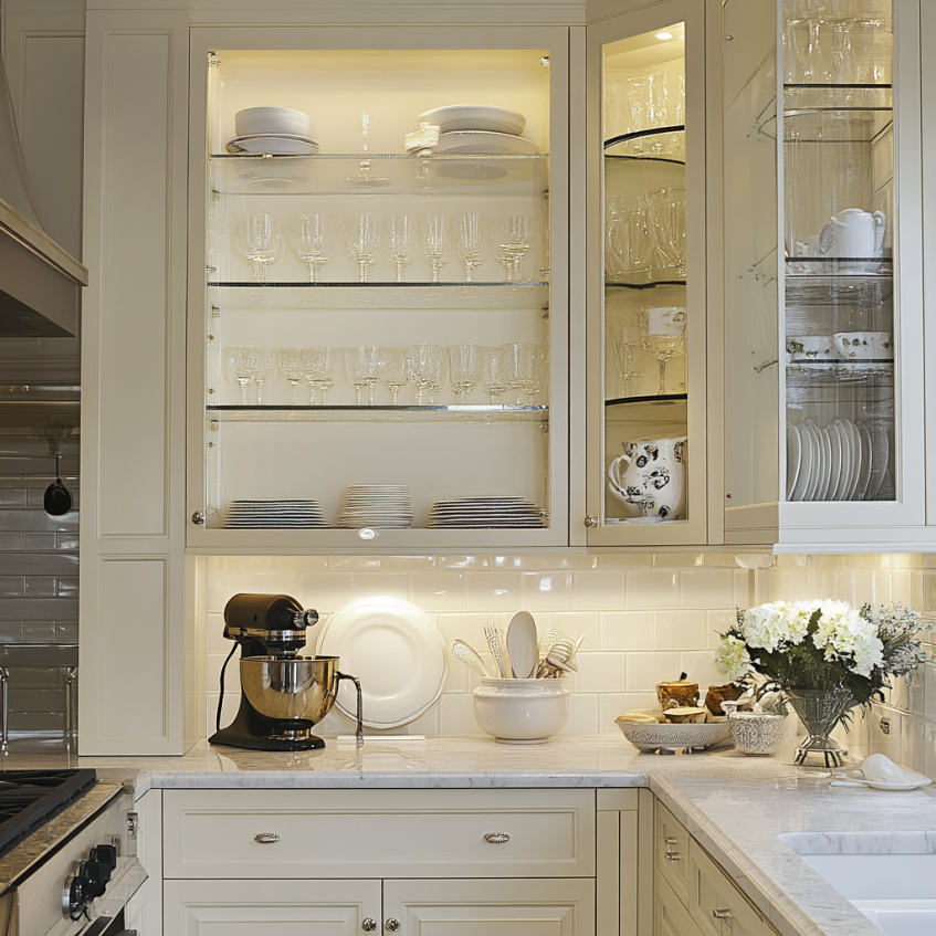 Elegant kitchen with glass-front cabinets and open shelving, displaying fine china and glassware with soft lighting accents.