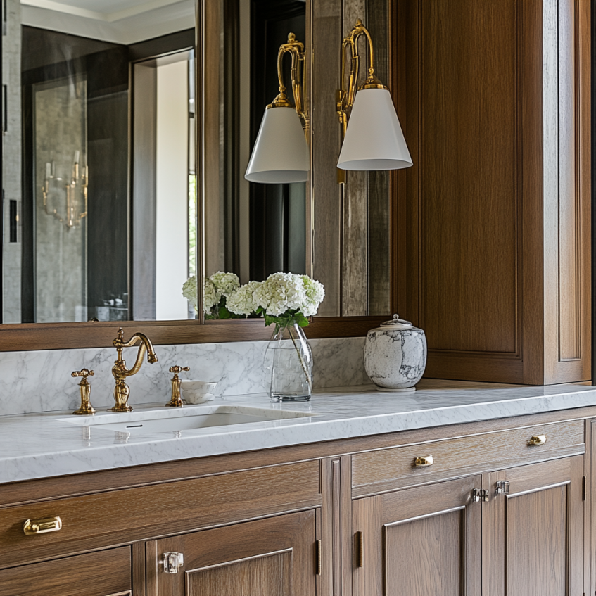Contemporary kitchen featuring a marble island, dark wood cabinetry, and sleek black fixtures.
