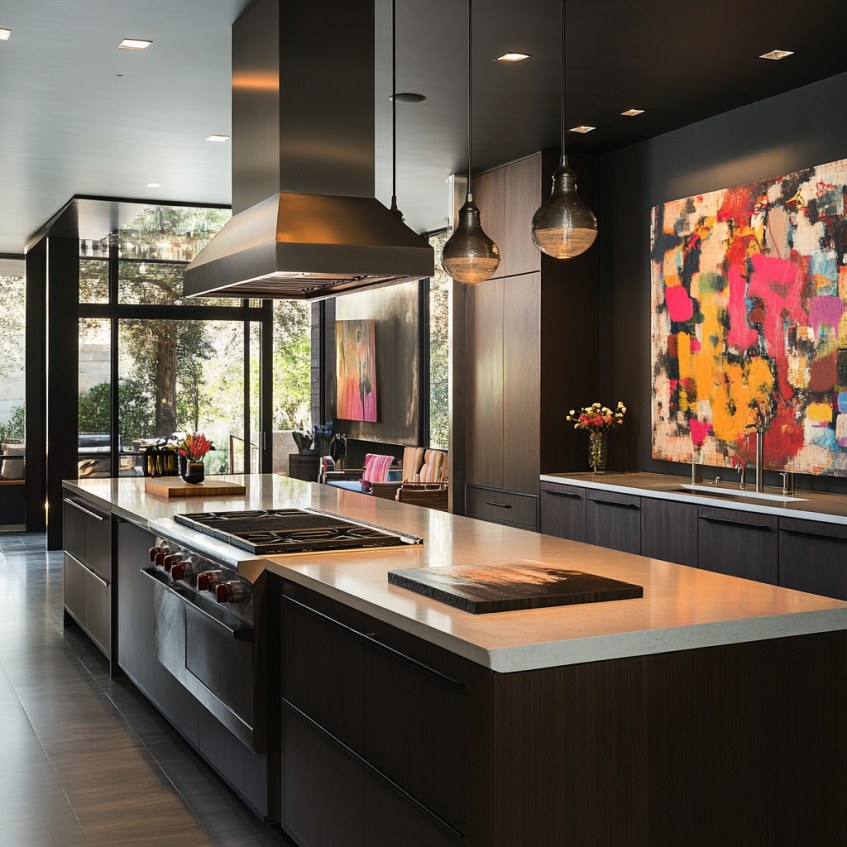 Spacious modern kitchen with black cabinetry, statement artwork, and marble countertops, creating a chic, artistic design.