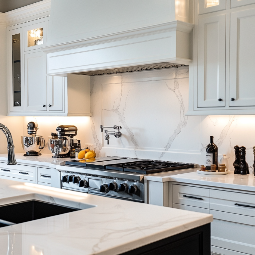 Modern kitchen featuring marble countertops, open shelving, and custom cabinetry, perfect for a sleek and luxurious design.