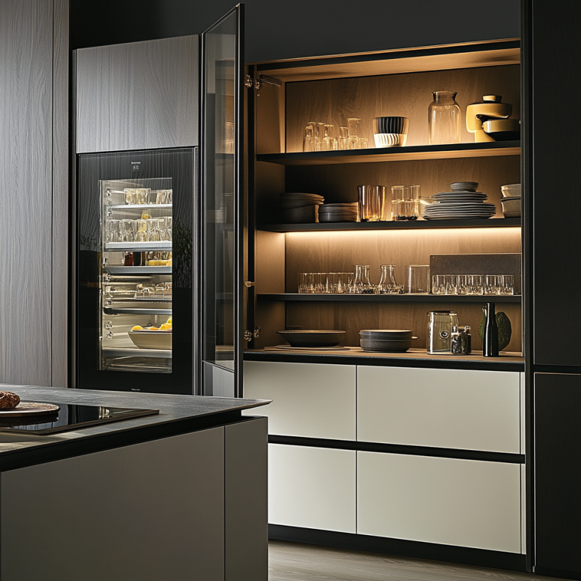 Luxury kitchen with sleek cabinetry, smart storage solutions, and LED lighting, showcasing premium glassware and plates on shelves.