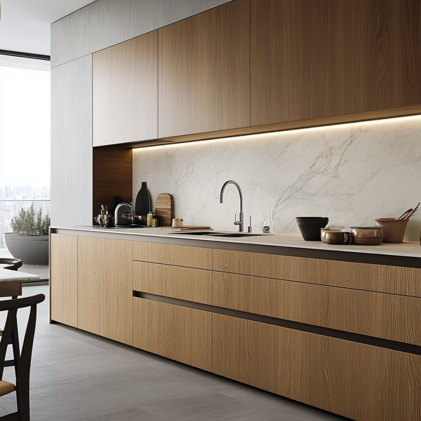 Luxury kitchen with light wood cabinets, marble backsplash, and soft LED under-cabinet lighting.