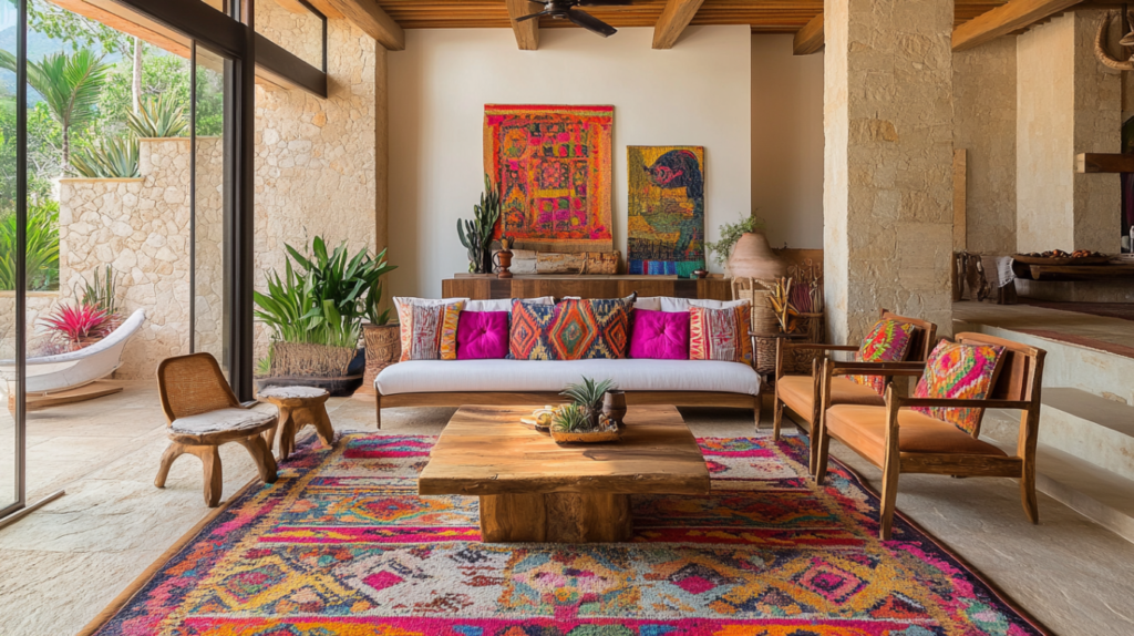 Colorful modern Mexican living room with bright textile pillows and natural stone walls