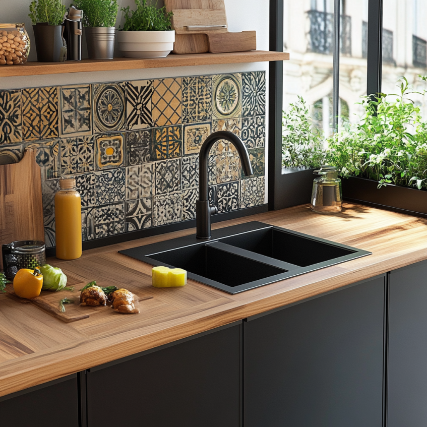 RTA kitchen featuring black cabinets, colorful patterned tiles, and a dual sink with a modern faucet.