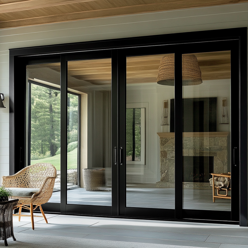 Modern sliding glass doors open up a space to a beautifully landscaped garden.