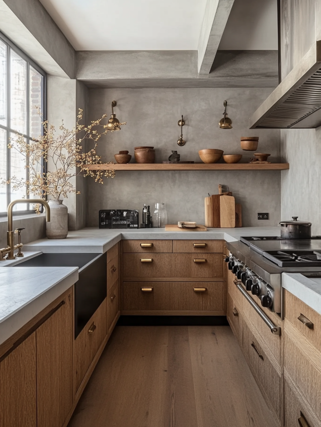 Compact small kitchen with oak cabinetry, concrete countertops, and modern lighting, perfect for contemporary home designs.
