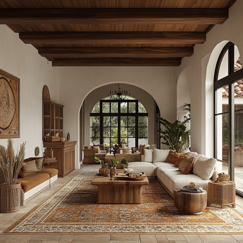 A modern Spanish-style living room with arched windows, rustic wood beams, and warm earthy tones.