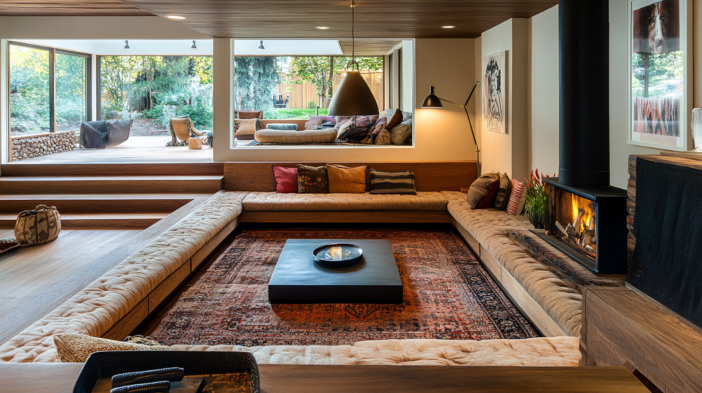 Contemporary sunken living room with a fireplace, built-in seating, and rich wood accents, creating a welcoming atmosphere for guests.