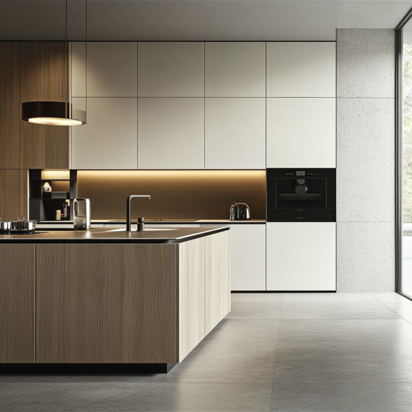 Two-tone luxury kitchen featuring light and dark wood cabinets, an island with under-cabinet lighting, and sleek contemporary finishes.