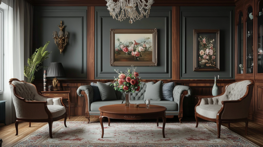 Sophisticated Victorian interior with floral paintings and tufted sofa in muted tones