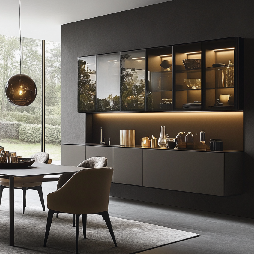 Modern dining room cabinet with glass doors, wall-mounted design, and ambient under-cabinet lighting