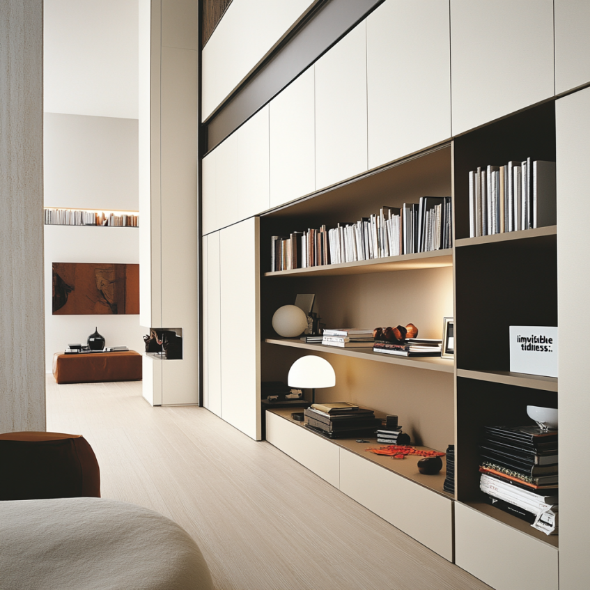 Floor-to-ceiling modern shelving unit with books and cabinets in neutral-toned bedroom