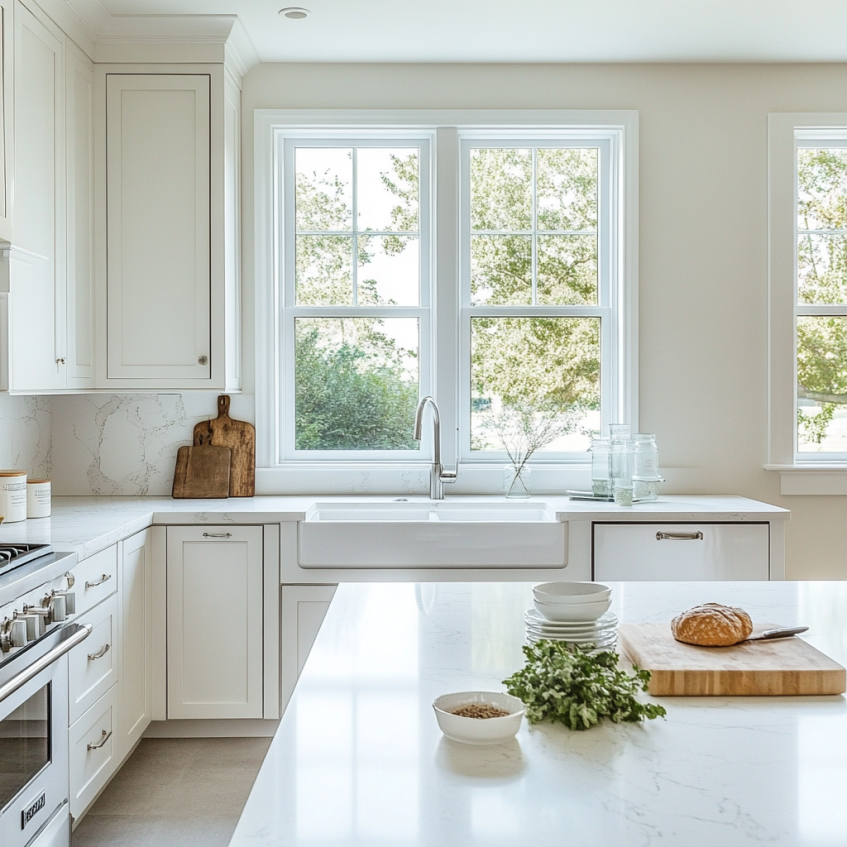 Bright white kitchen featuring white quartz countertops, shaker cabinets, and a farmhouse sink with natural light