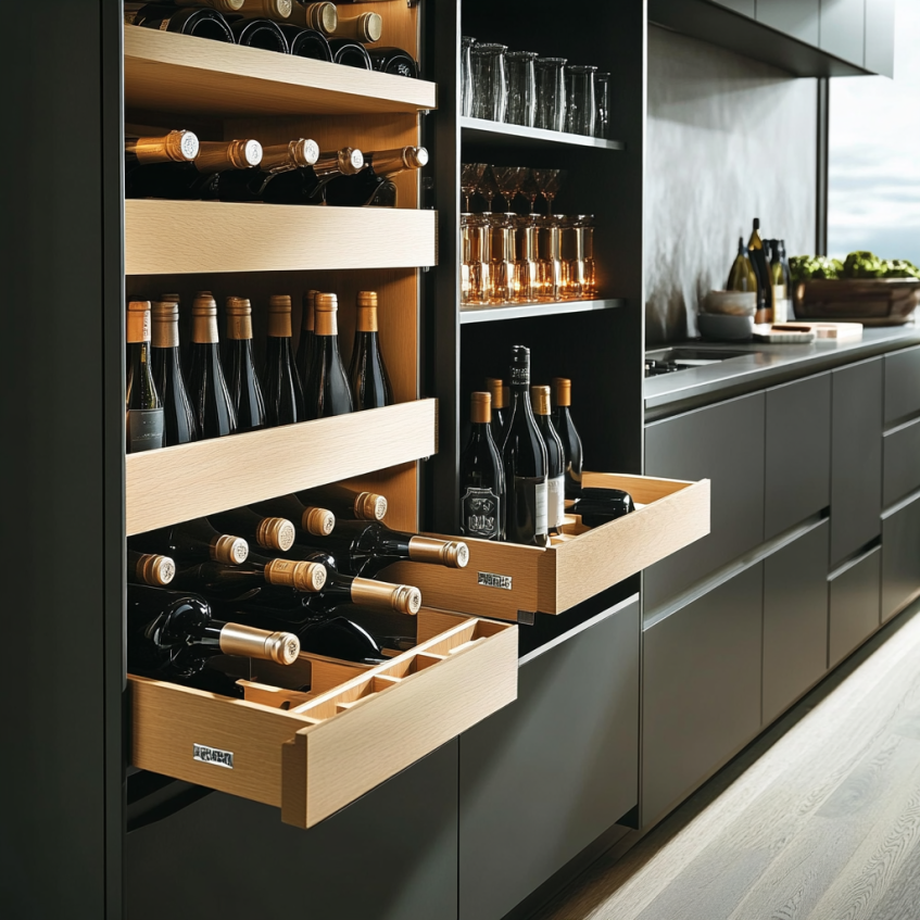 Luxury kitchen with modern wine storage featuring wooden pull-out drawers filled with wine bottles, sleek black cabinetry, and elegant glassware storage.