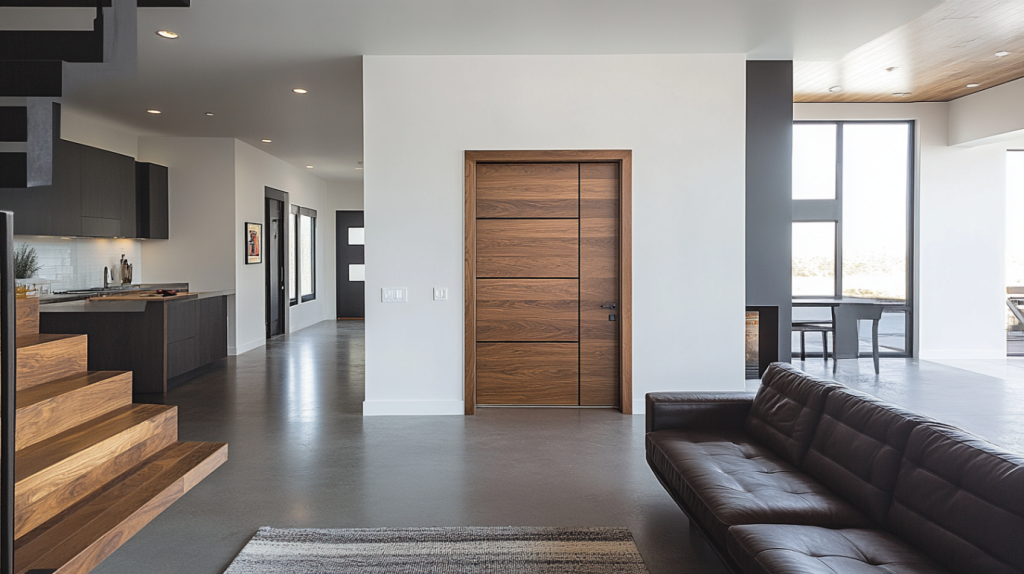 Contemporary wood interior door with horizontal panel design, set in a modern open-concept home.
