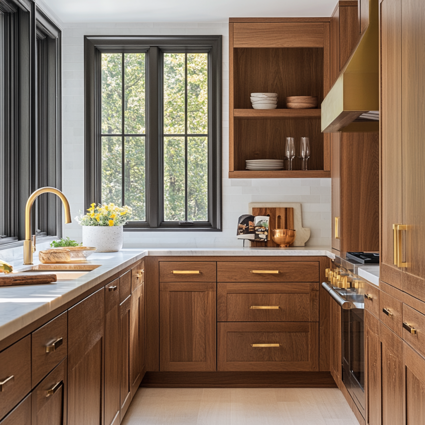 Modern kitchen with rich wood Shaker cabinets, white marble countertops, and gold hardware accents.