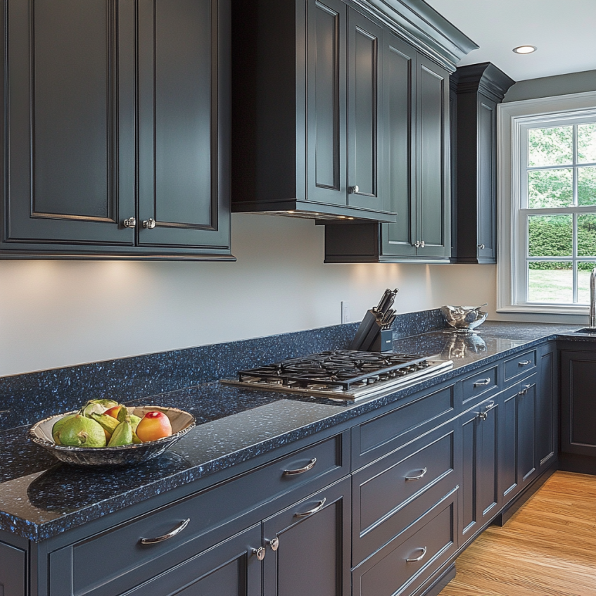 Charcoal grey kitchen with blue granite countertops and stainless appliances
