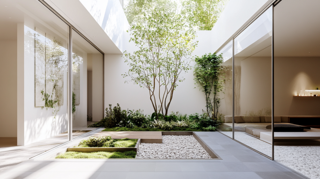 Light well in a modern villa bringing natural light into the interior, surrounded by greenery.