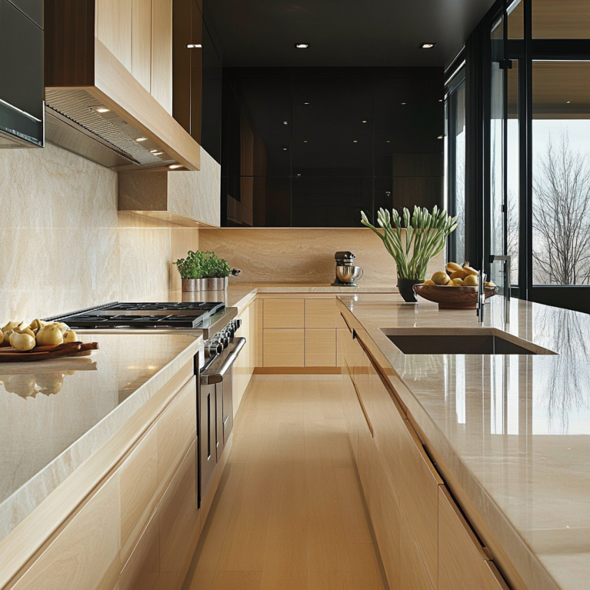 Light wood kitchen with glossy beige onyx countertops and large windows