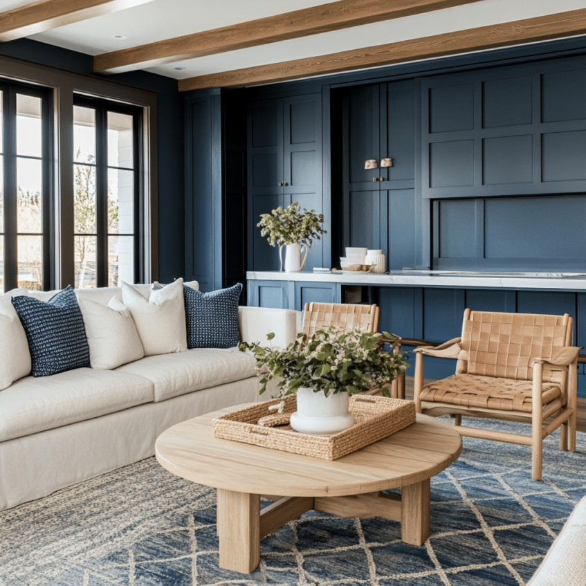 Navy farmhouse living room with wood beams and modern coastal decor