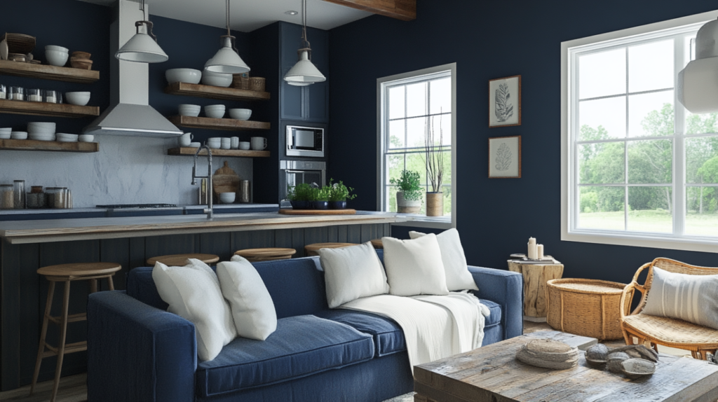 Navy farmhouse kitchen and living space with wood shelves and cozy decor