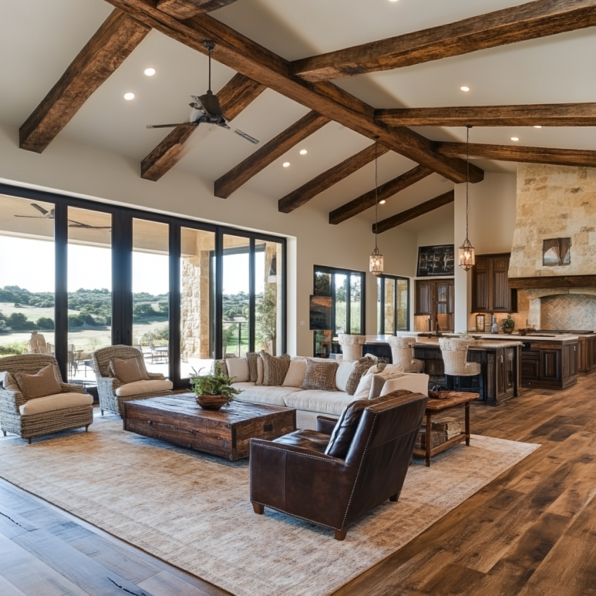 Open concept modern ranch interior with exposed beams, leather chair, and stone kitchen wall