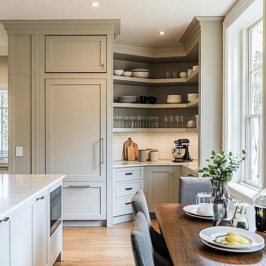 Open shelving corner kitchen cabinets with integrated dining area and neutral cabinetry
