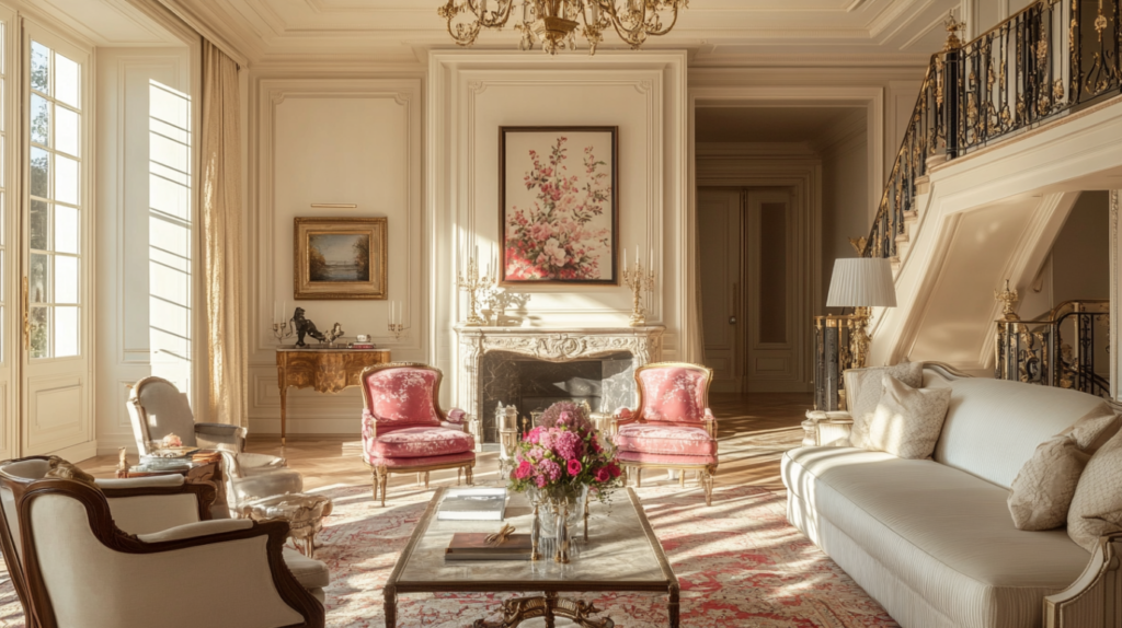 Classic French living room with red upholstered chairs, floral artwork, and marble fireplace