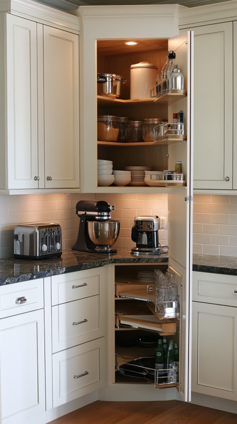 Modern kitchen corner with pull-out shelves and organized storage for kitchen appliances, maximizing functionality in a small kitchen.