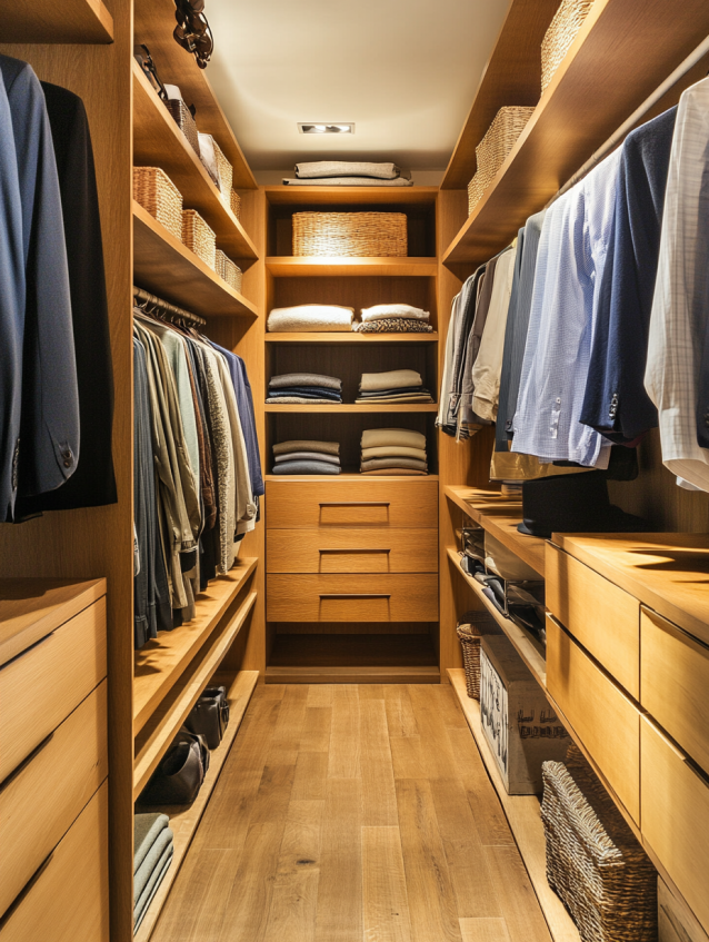 Small walk-in closet with built-in shelves, hanging space for clothes, and drawers for efficient organization.