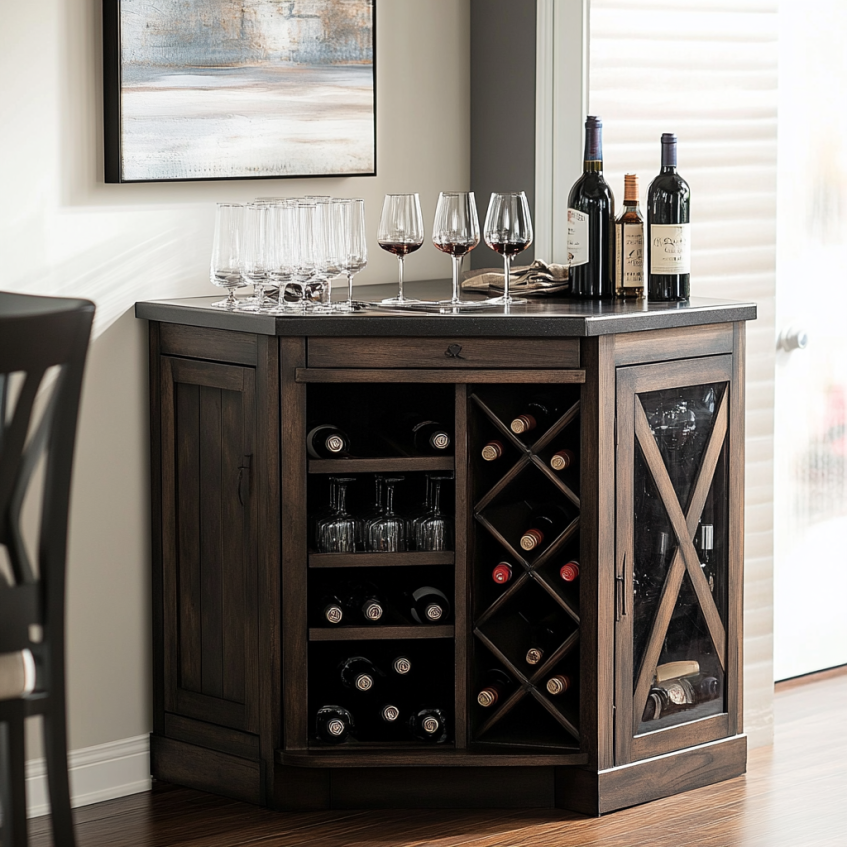 Rustic dark wood corner bar cabinet with wine racks and glass storage set up for entertaining