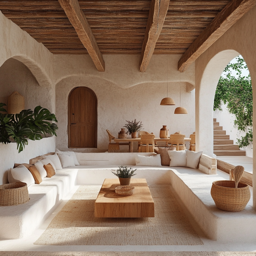 Modern Mediterranean courtyard with built-in white seating, rustic wooden beams, and neutral-toned décor