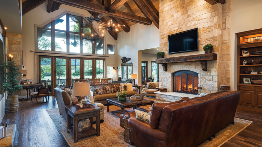 Ranch style living room with stone fireplace, vaulted ceiling, and leather seating