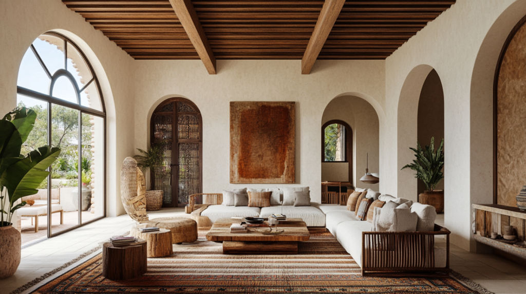 Cozy Spanish-inspired living room with arched doorways, wood ceiling beams, and textured neutral furnishings.