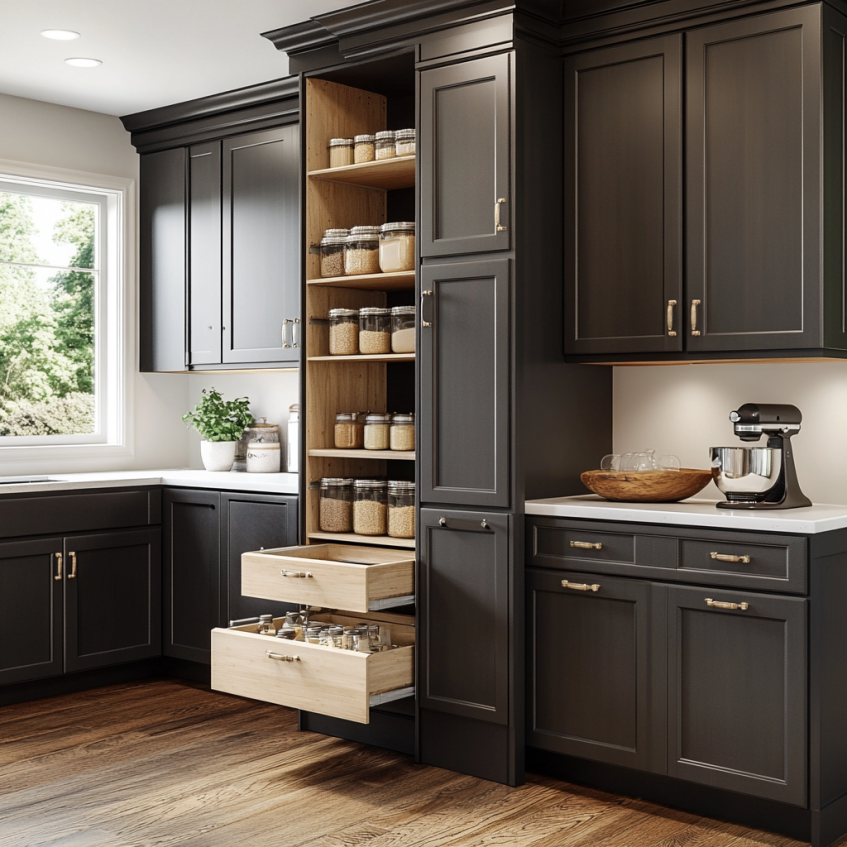 Rustic walnut shaker cabinets with open shelving and stainless steel appliances.