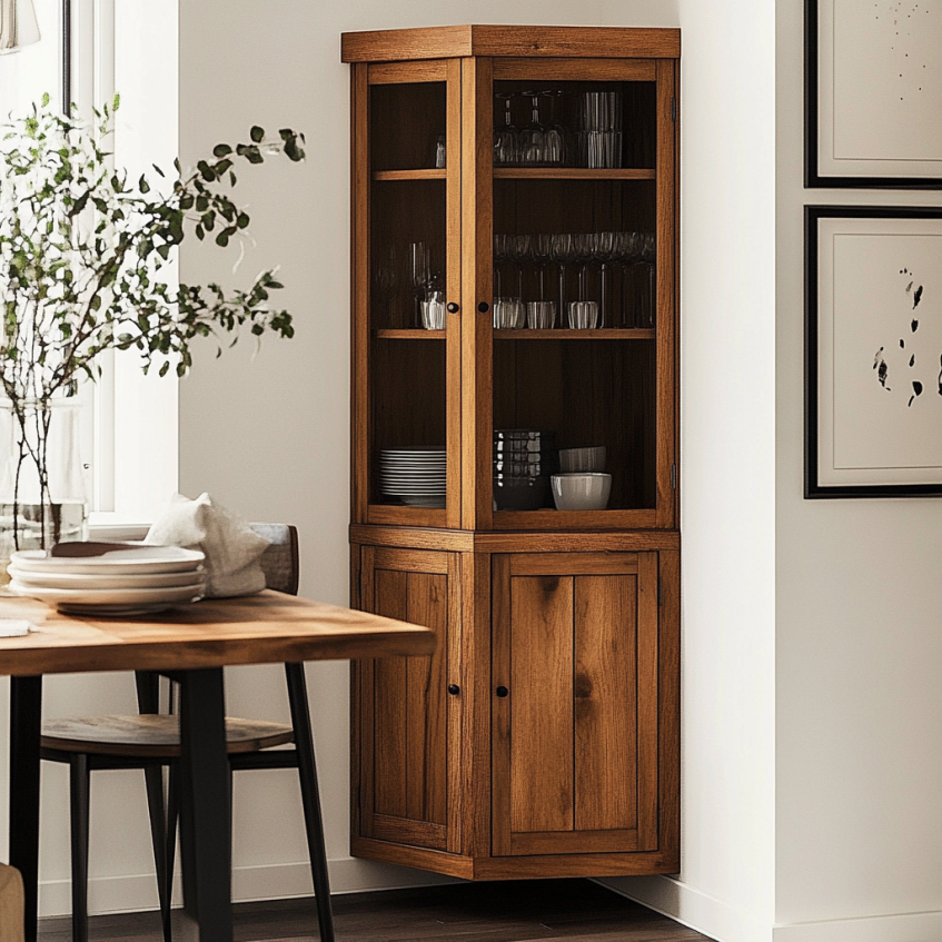 Rustic wood corner cabinet with upper glass doors and lower enclosed storage in dining area