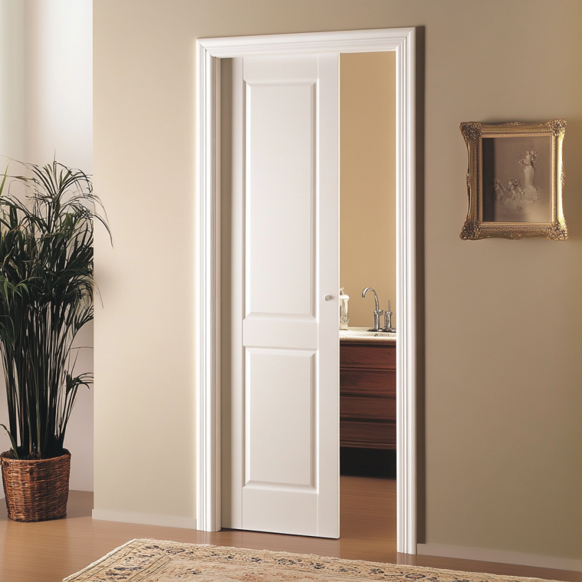A white interior door with a simple design and elegant trim, perfect for minimalist interiors.