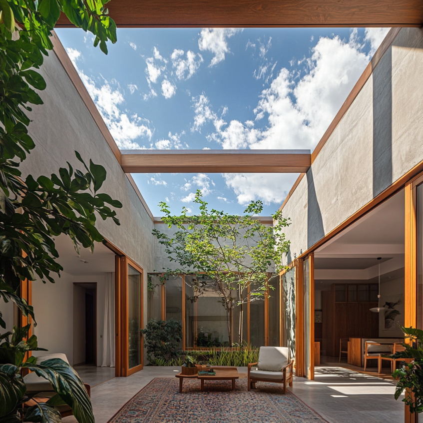 Stylish skylight opening up a villa’s living space to natural daylight, offering an outdoor view.