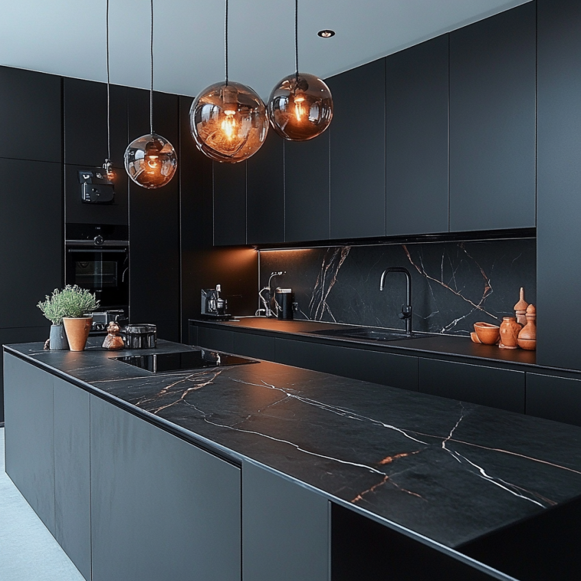 All-black modern kitchen with black marble countertops and pendant lighting